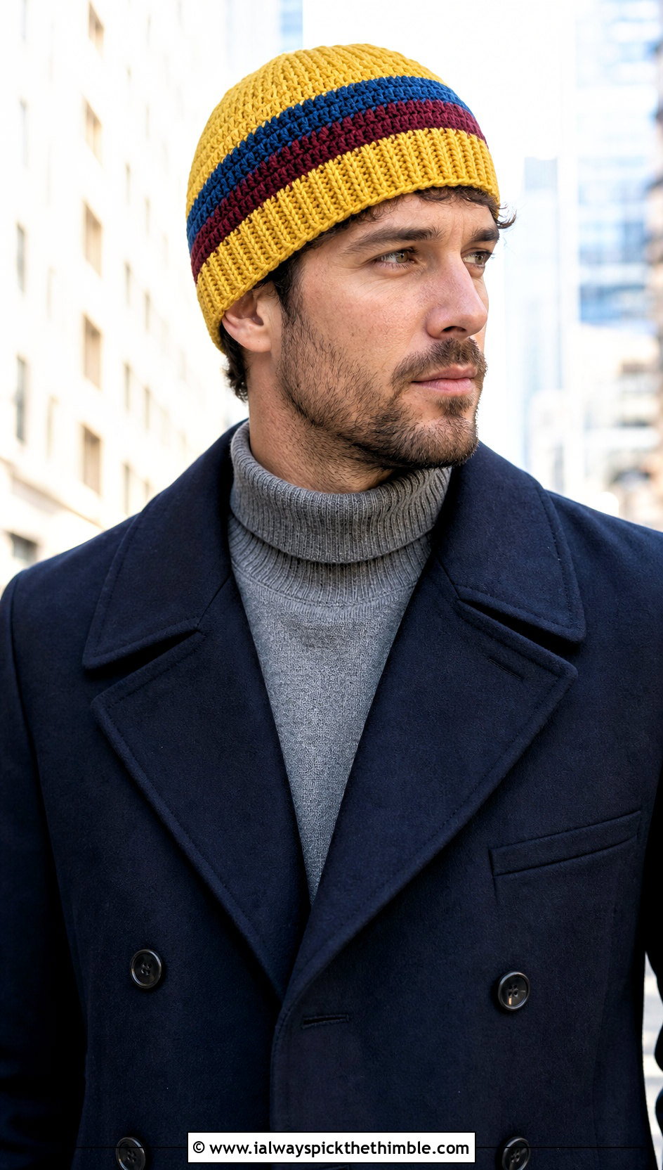 Striped Crochet Watch Cap With Peacoat - 20 crocheted mens hats outfit ideas