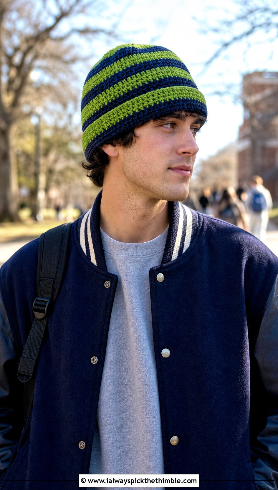 Striped Crochet Watch Cap With Varsity Jacket - 15 Crochet Men's Hats outfit ideas