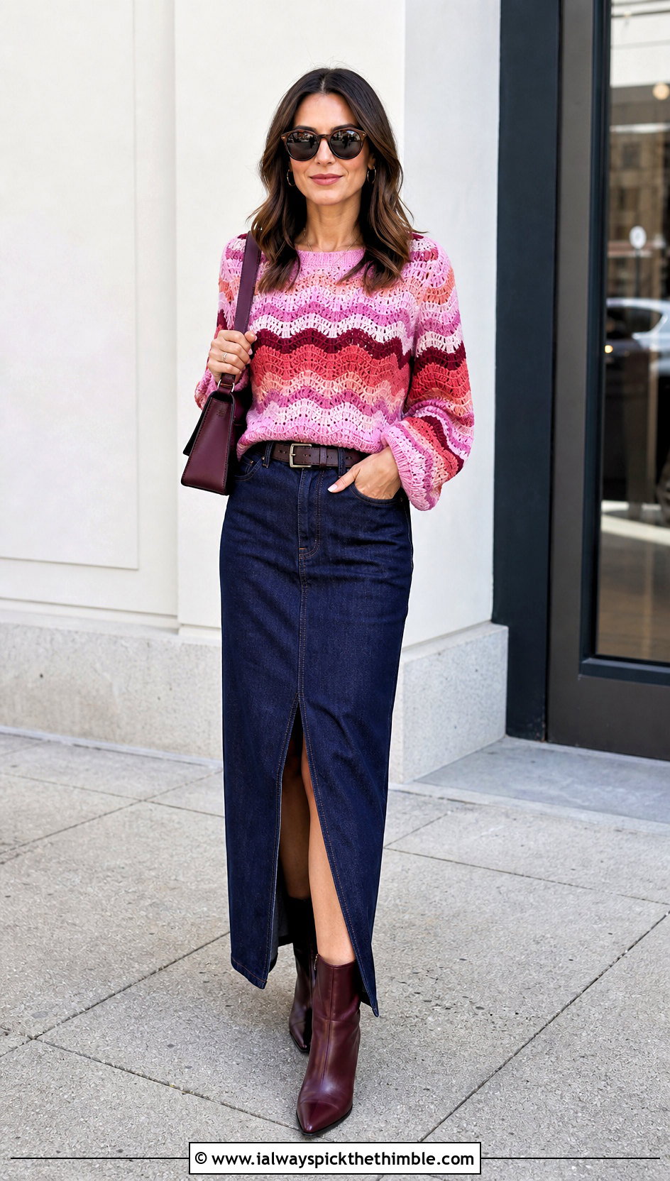 Striped Crochet Wave Sweater With Denim Maxi Skirt - 20 crochet wave sweater outfit ideas