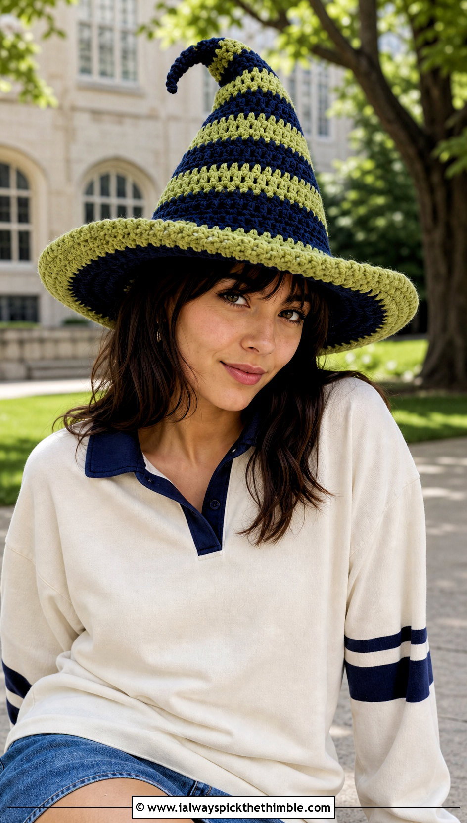 Striped Crochet Witch Hat With Rugby Shirt - 25 crochet witch hat outfit ideas