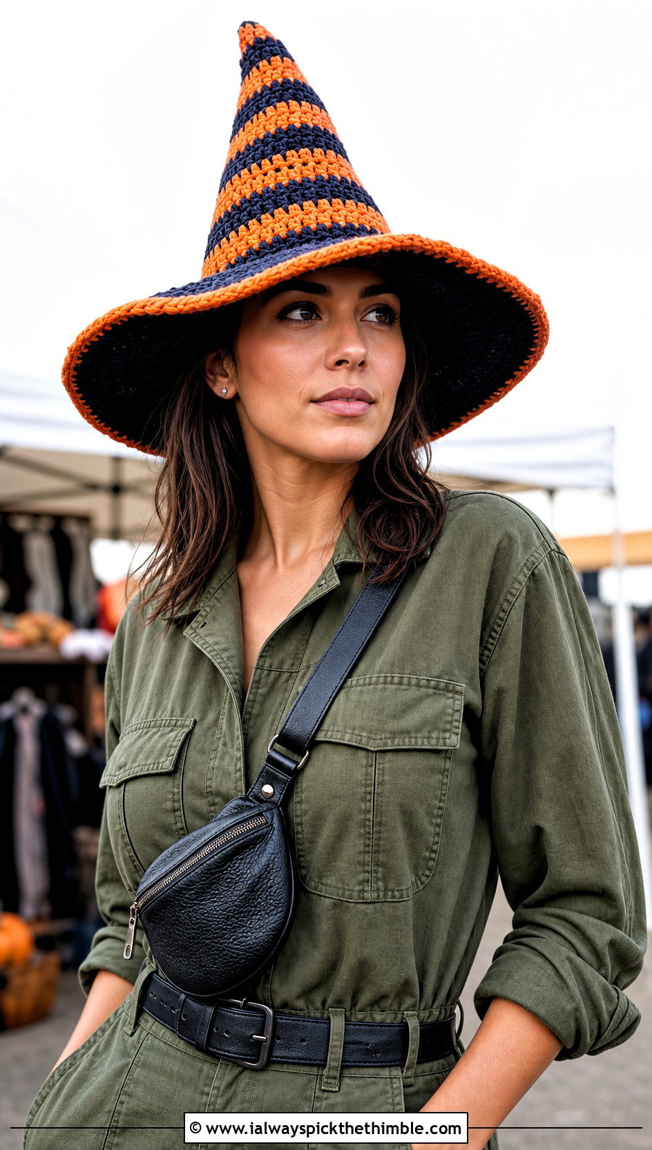 Striped Crochet Witch Hat With Utility Jumpsuit - 15 Witch's Crochet Hat outfit ideas