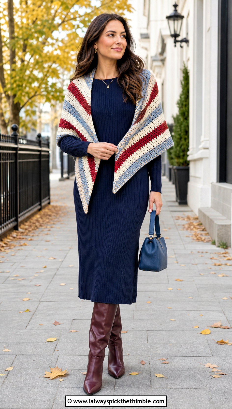 Striped Crochet Wrap With Knit Dress - 20 Crochet For Shawls And Wraps outfit ideas