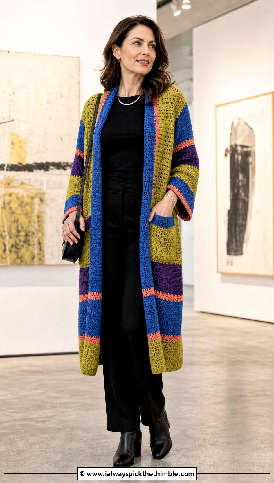 Striped Crochet Wrap With Monochrome Black Outfit - 25 crochet wrap with pockets outfit ideas