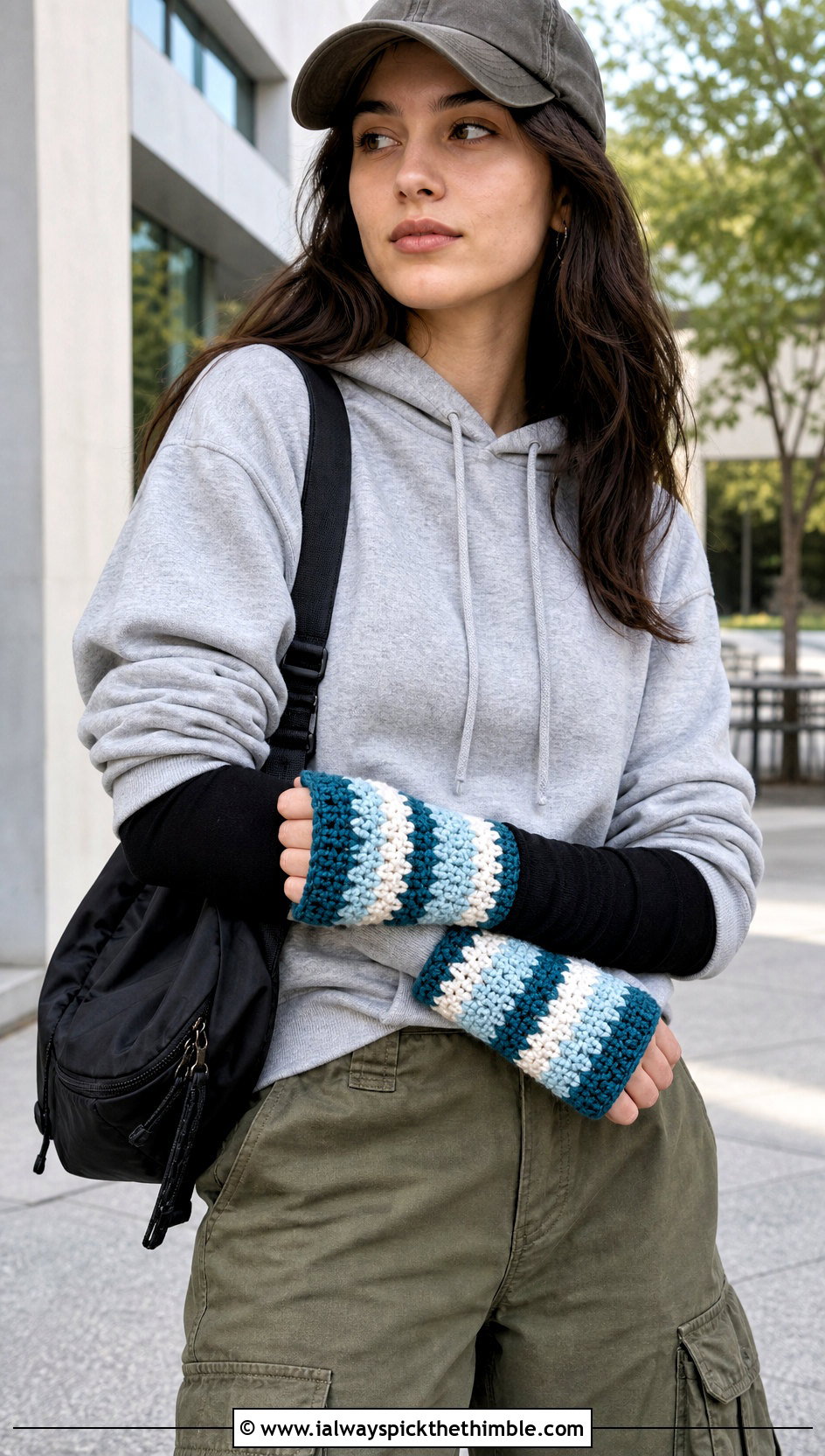 Striped Crochet Wrist Warmers With Hoodie And Cargo Pants - 15 Crochet Tipless Gloves outfit ideas