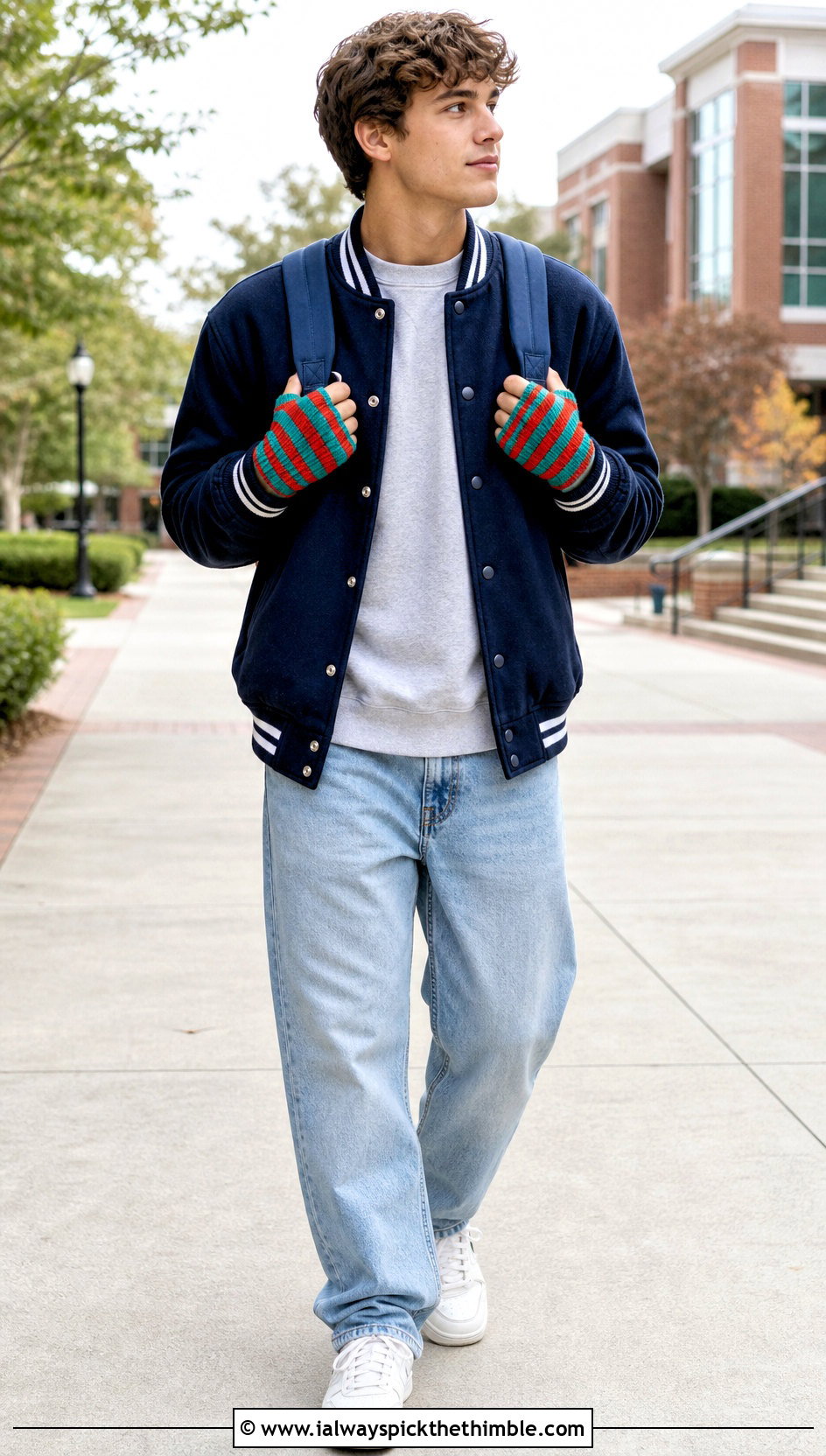 Striped Crochet Wrist Warmers With Varsity Jacket - 25 men crochet gloves outfit ideas