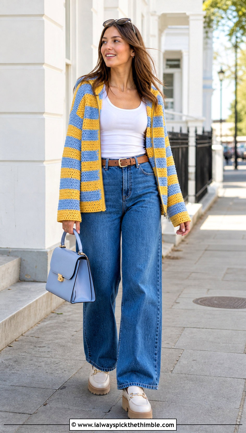 Striped Crochet Zip Up Hoodie With Wide Leg Jeans - 20 crochet zip up hoodie outfit ideas