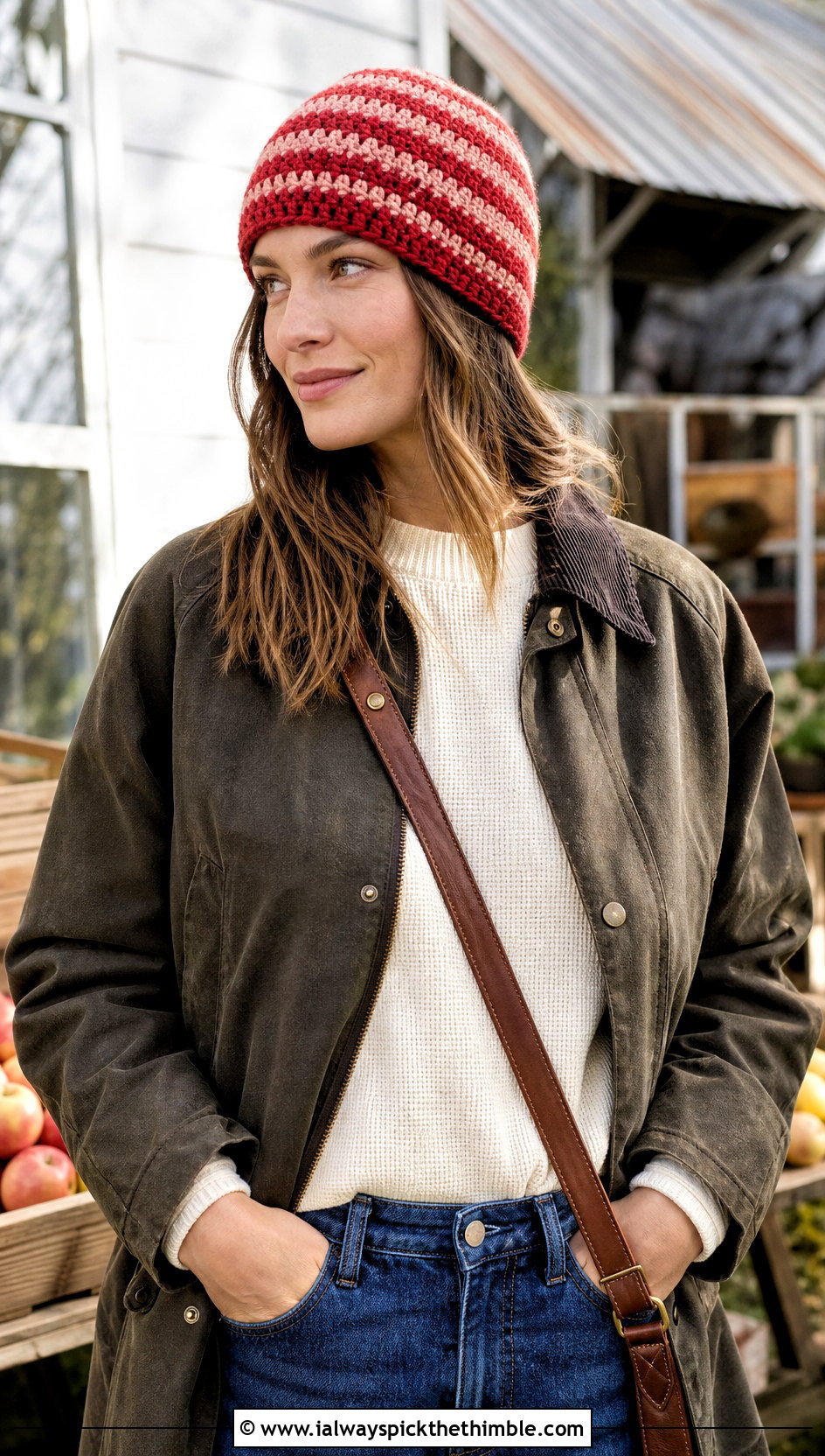Striped Crocheted Beanie With Barn Jacket And Barrel Jeans - 25 crocheted beanies outfit ideas