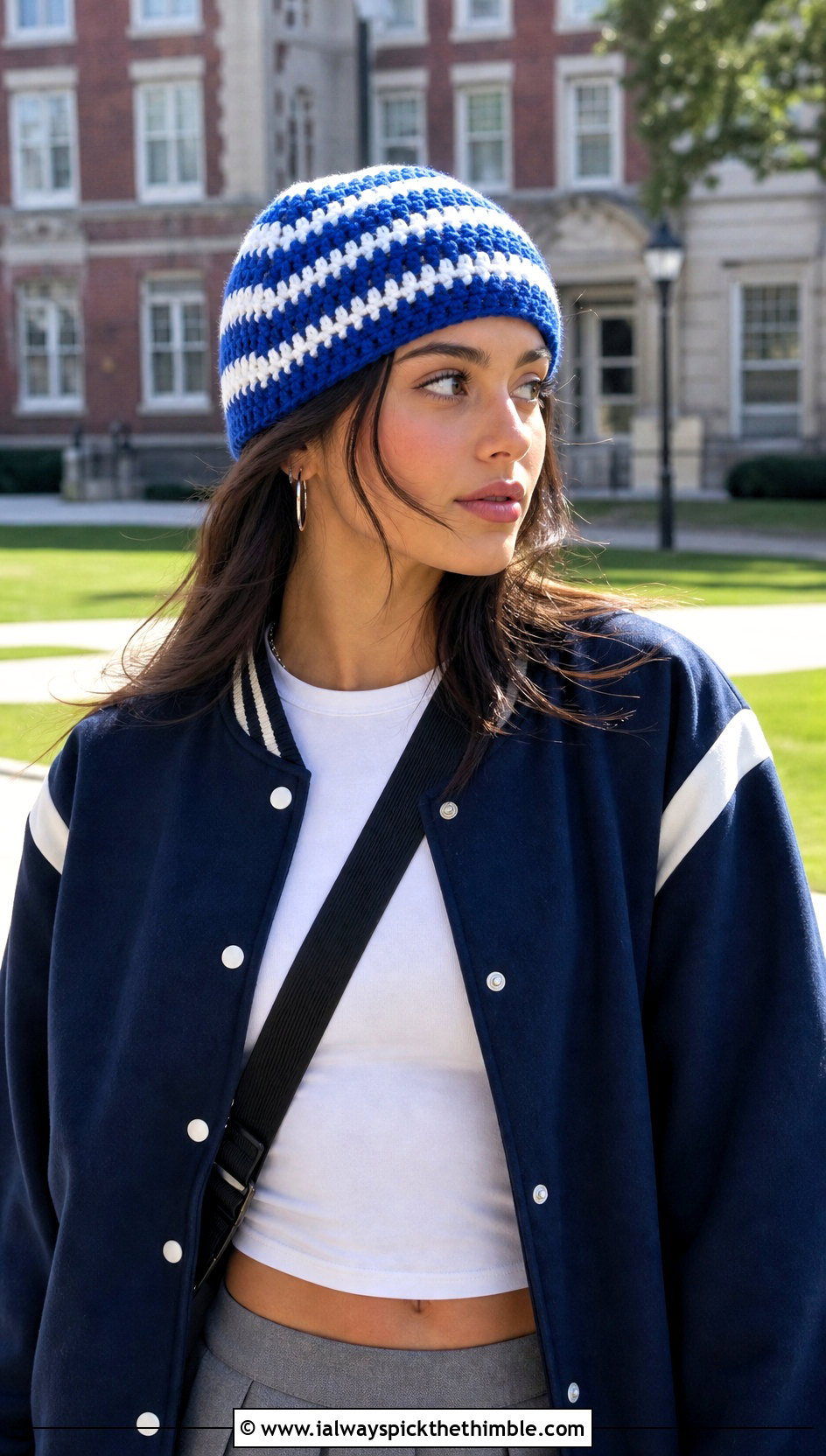 Striped Crocheted Beanie With Varsity Jacket And Pleated Skirt - 25 crocheted beanie outfit ideas