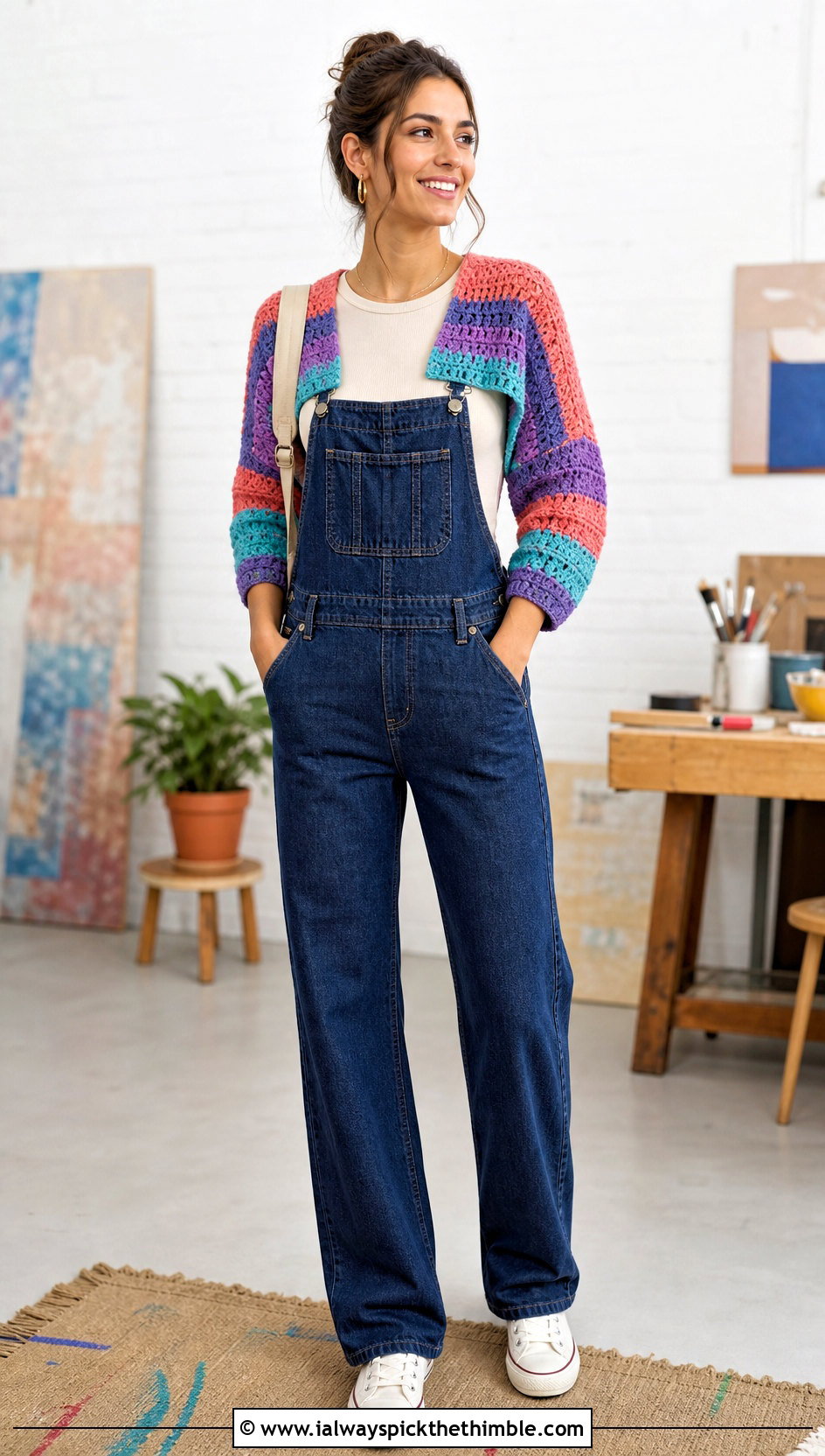 Striped Crocheted Bolero With Denim Overalls - 25 crocheted bolero outfit ideas