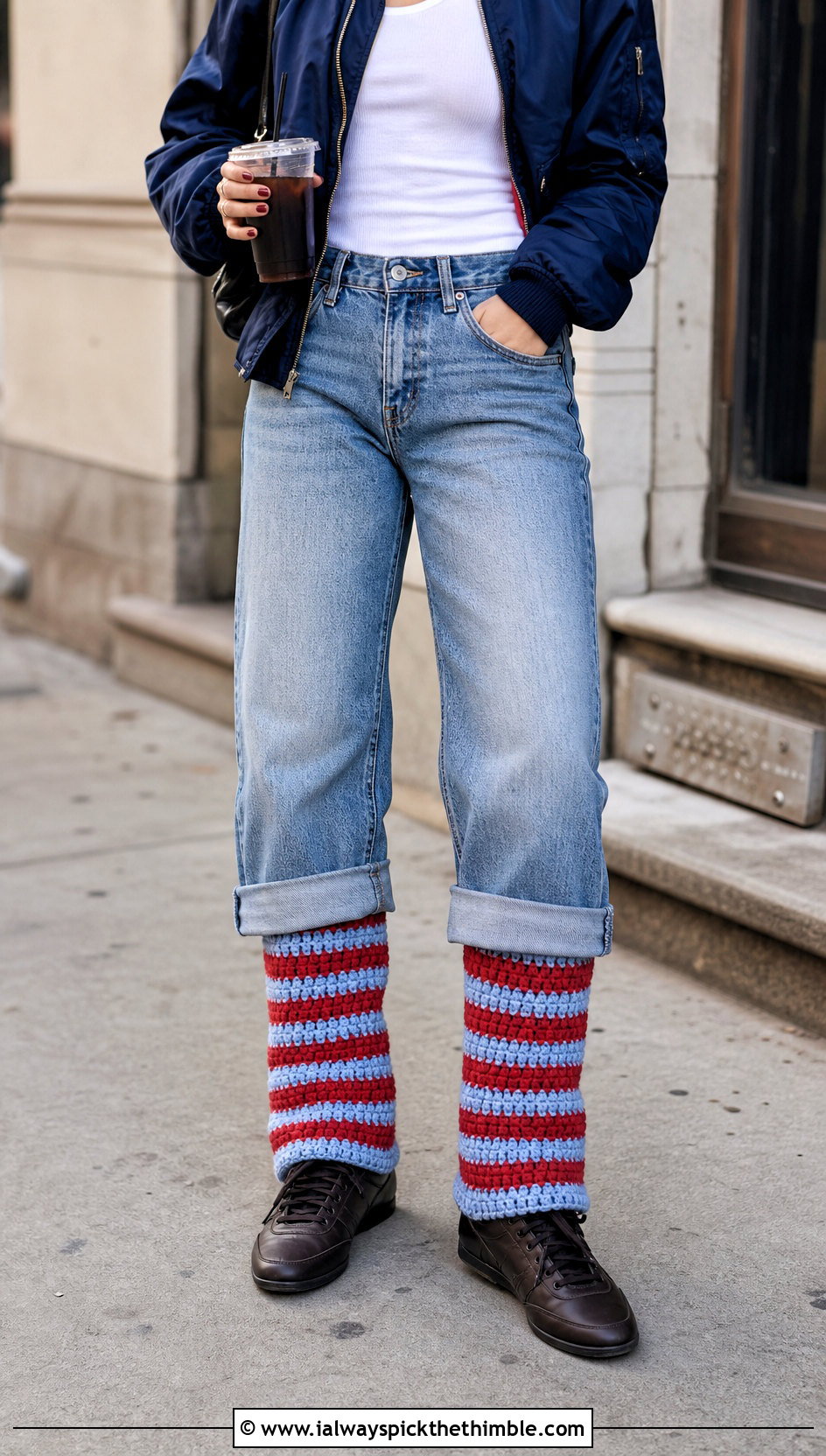 Striped Crocheted Leg Warmers With Straight Leg Jeans - 25 Crocheted Leg Warmers outfit ideas