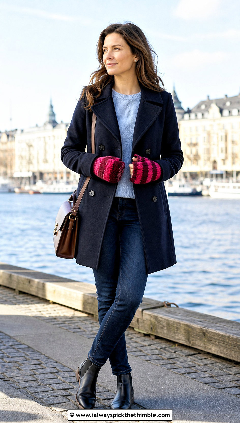 Striped Crocheted Mittens With Peacoat - 20 Crocheted Mittens outfit ideas
