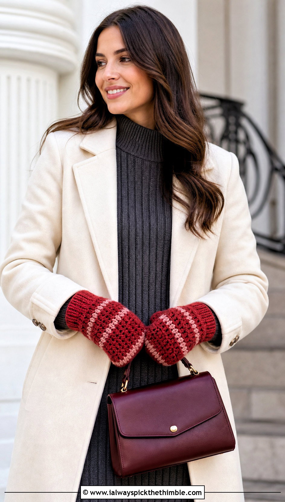Striped Crocheted Mittens With Sweater Dress - 20 Easy Crocheted Mittens outfit ideas