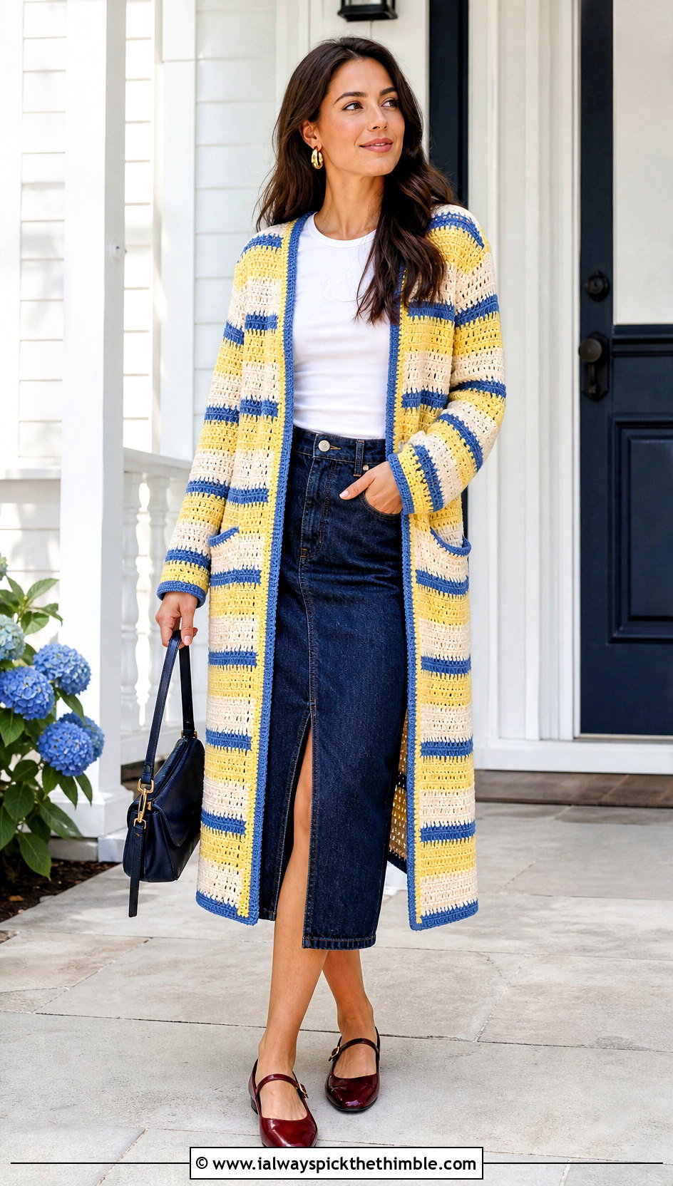 Striped Crocheted Sweater Coat With Denim Midi Skirt - 15 colorful crocheted sweater coat outfit ideas