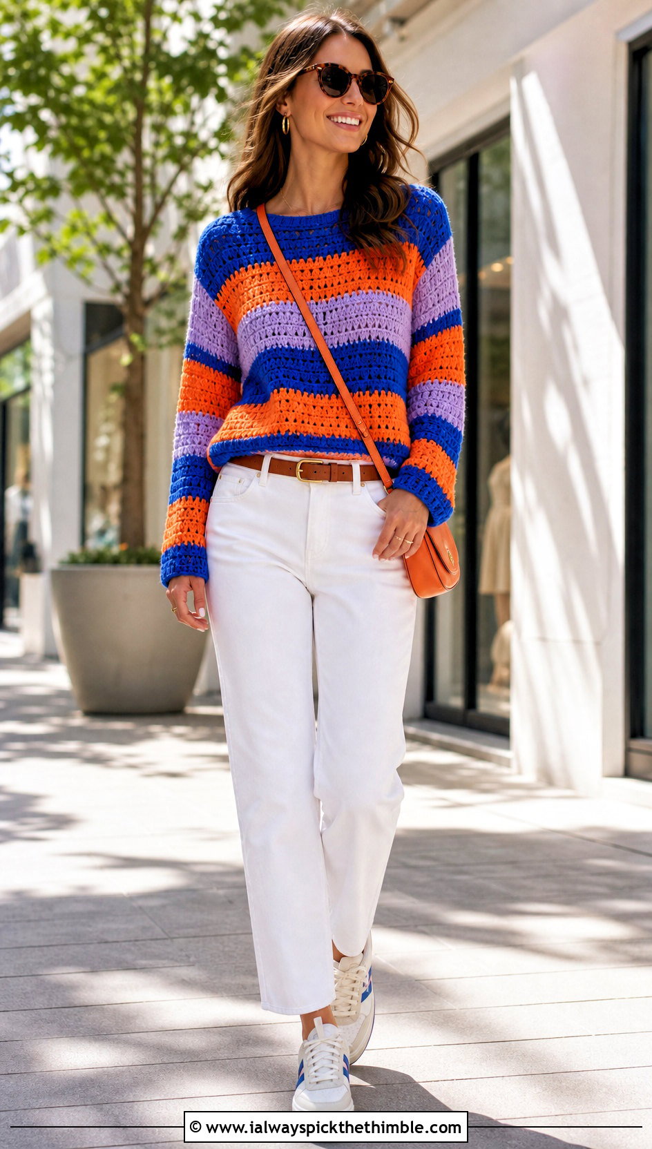 Striped Crocheted Sweater With White Denim - 25 crocheted sweaters outfit ideas