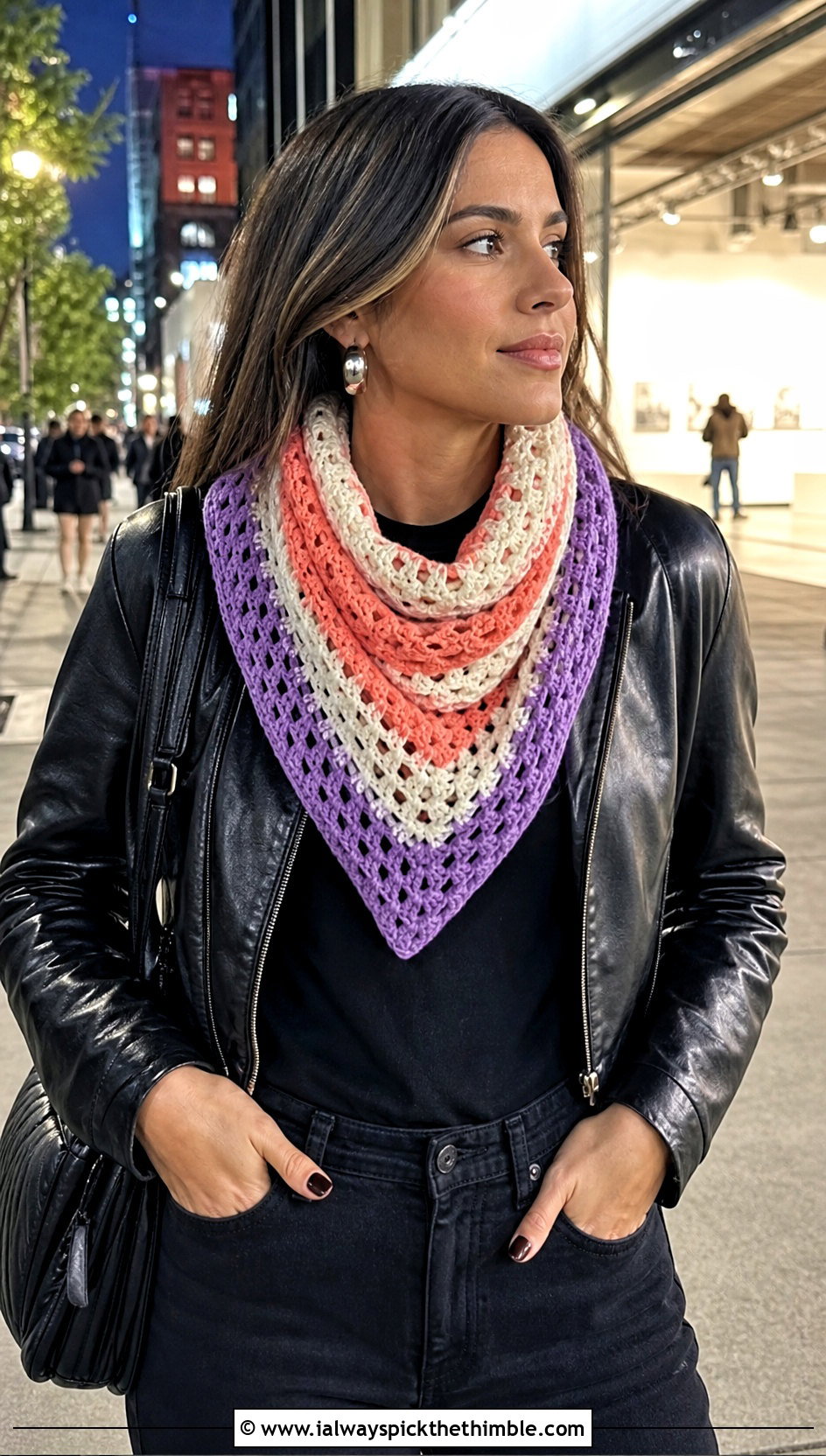 Striped Crocheted Triangle Scarf With Leather Jacket And Black Jeans - 20 Crocheted Triangle Scarf outfit ideas