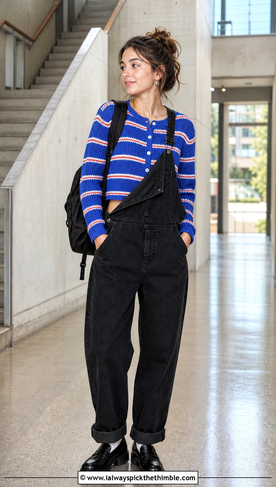 Striped Cropped Cardigan With Black Denim Overalls - 20 Easy Crochet Cropped Cardigan outfit ideas