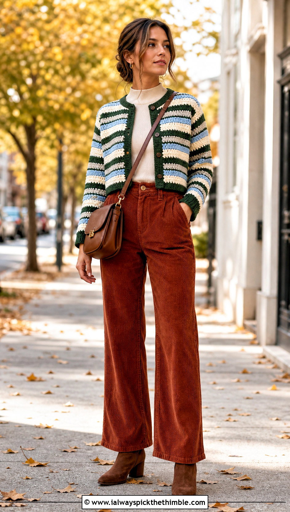 Striped Cropped Cardigan With Corduroy Pants - 20 crocheted cropped cardigan outfit ideas