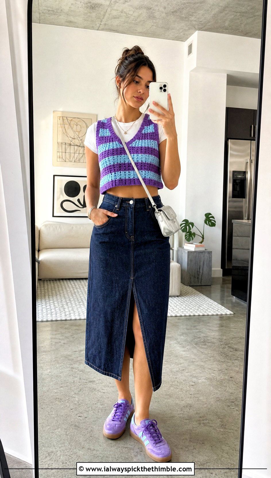 Striped Cropped Crochet Sweater Vest With Denim Midi Skirt - 15 Cropped Crochet Sweater Vest outfit ideas