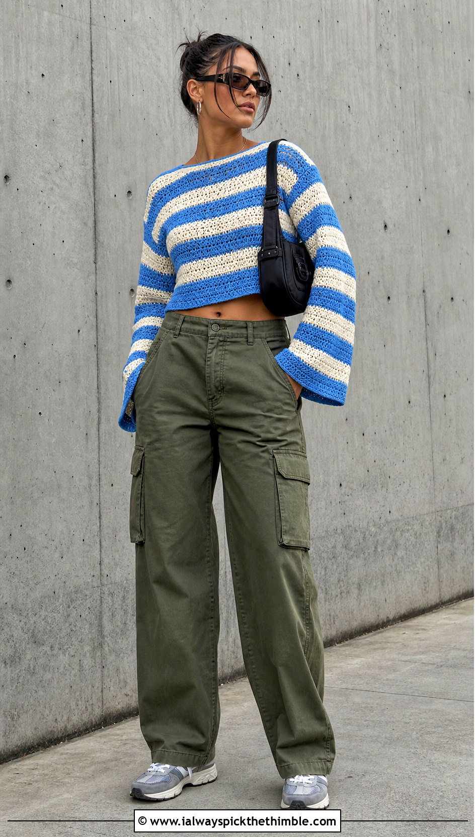 Striped Cropped Crochet Sweater With Cargo Pants - 20 Easy Crochet Cropped Sweater outfit ideas