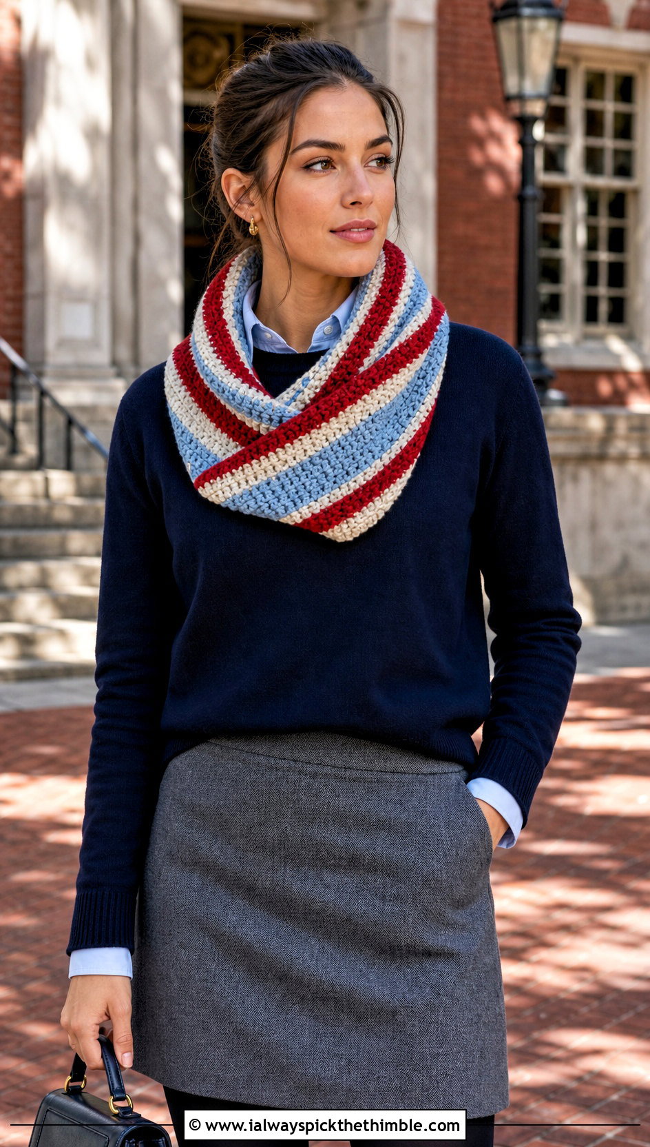 Striped Crossover Crochet Cowl With Preppy Outfit - 15 striped crochet cowl outfit ideas