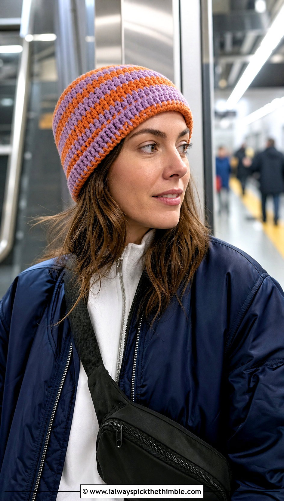 Striped Cuffed Crochet Beanie With Bomber Jacket And Leggings - 15 Cuffed Crochet Beanie outfit ideas