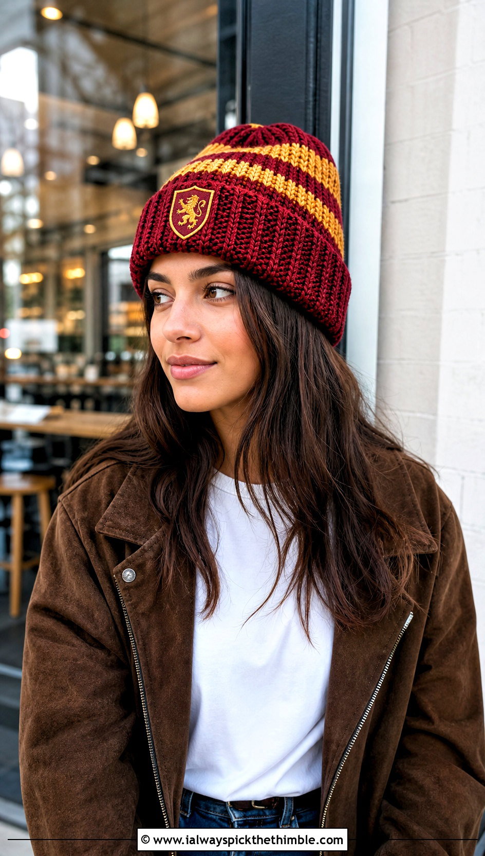 Striped Cuffed Gryffindor Crochet Beanie With Straight Jeans - 15 gryffindor crochet hat outfit ideas