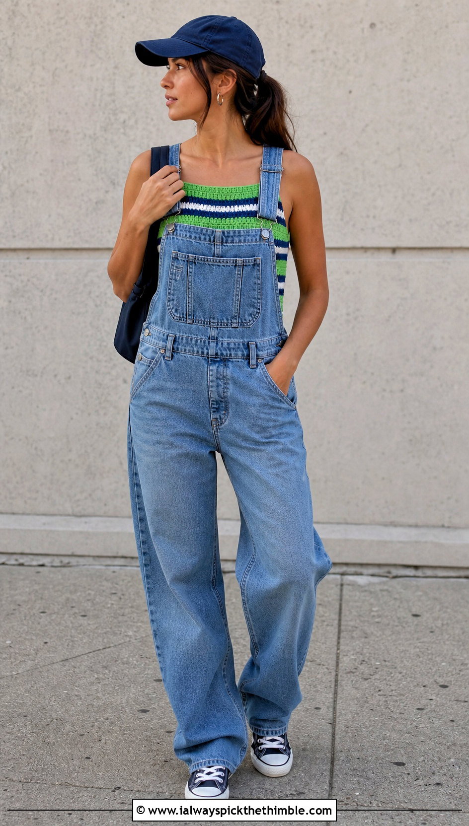Striped Cup Crochet Top With Denim Overalls - 25 crochet cup top outfit ideas