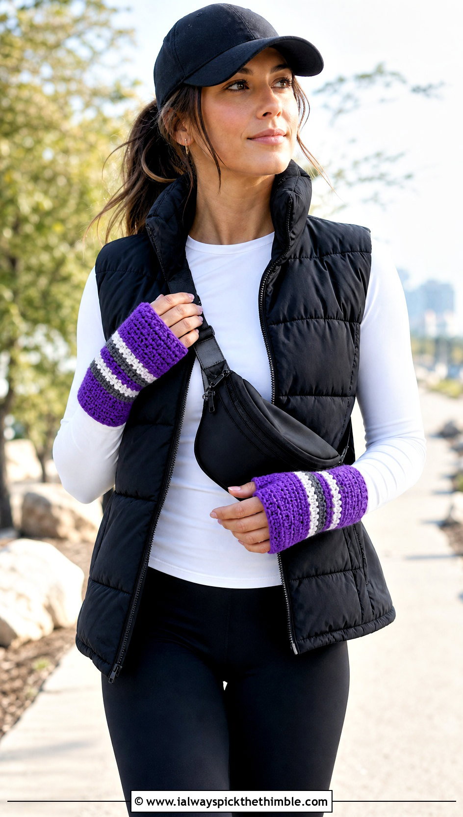 Striped DK Yarn Crochet Fingerless Gloves With Puffer Vest And Leggings - 20 dk yarn crochet fingerless gloves outfit ideas