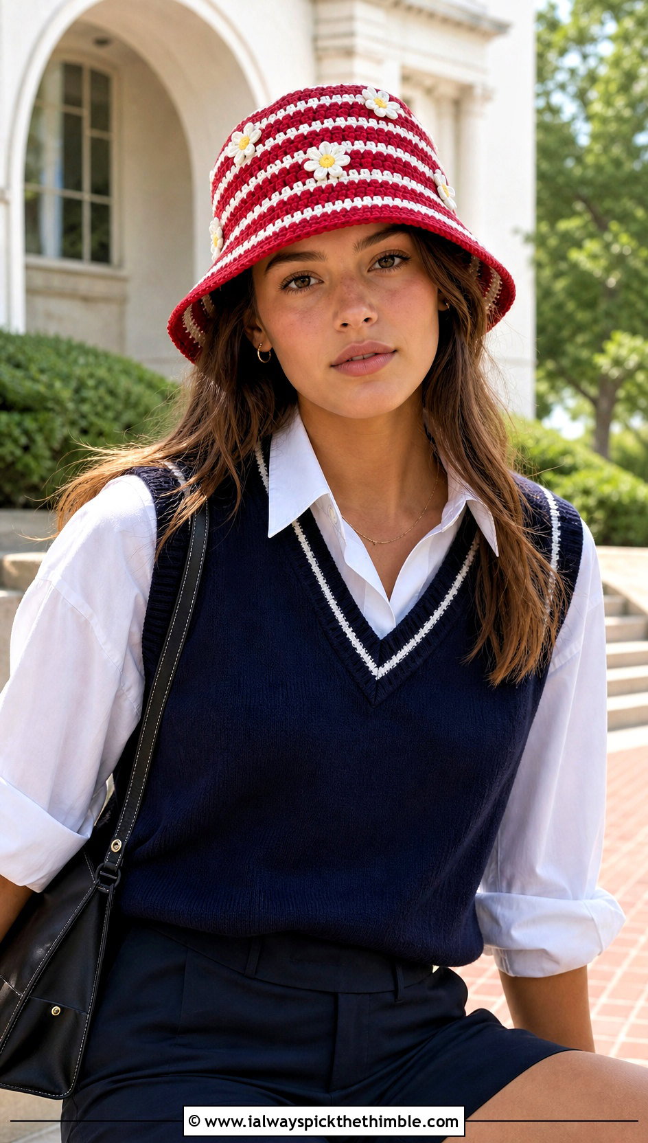 Striped Daisy Crochet Bucket Hat With Sweater Vest - 20 daisy crochet bucket hat outfit ideas