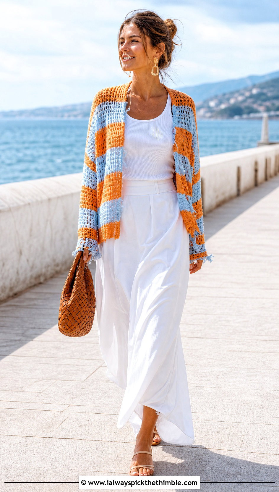 Striped Distressed Crochet Sweater With White Maxi Skirt - 25 distressed crochet sweater outfit ideas