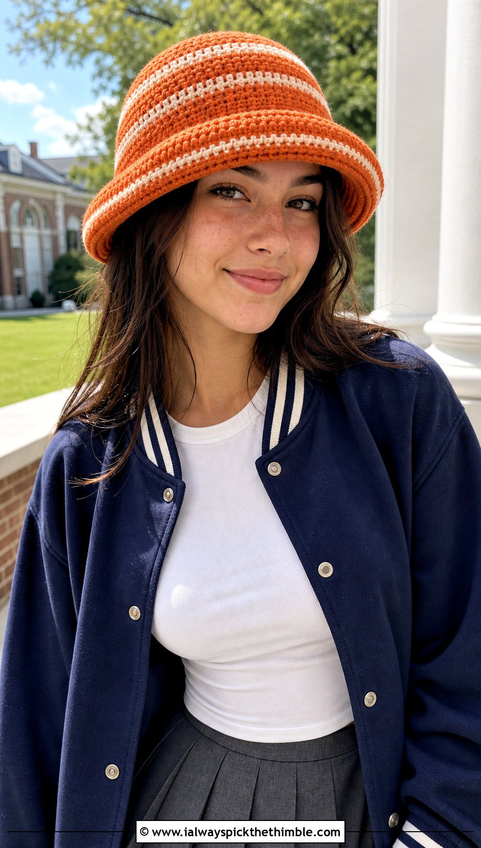 Striped Double Brim Crochet Hat With Varsity Jacket - 20 Double Brim Crochet Hat outfit ideas