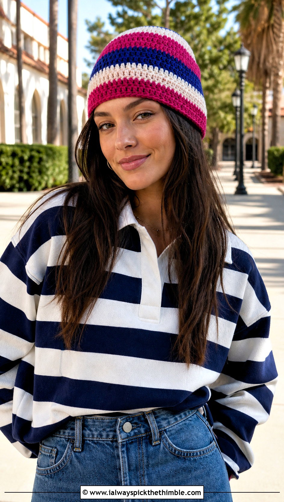 Striped Double Crochet Beanie With Rugby Shirt And Denim Maxi Skirt - 20 double crochet hat outfit ideas