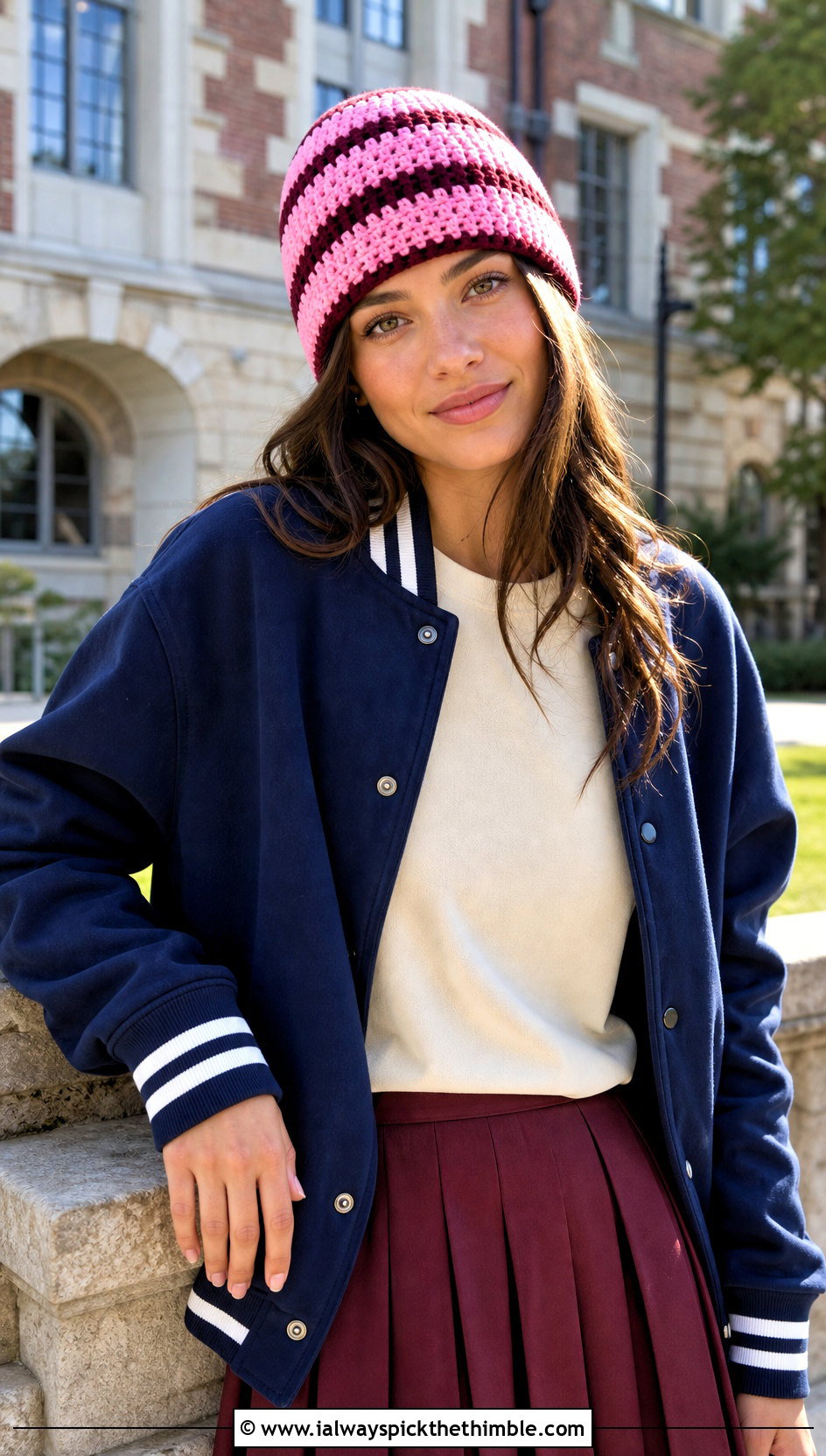 Striped Double Crochet Beanie With Varsity Jacket And Pleated Skirt - 25 double crochet beanie outfit ideas