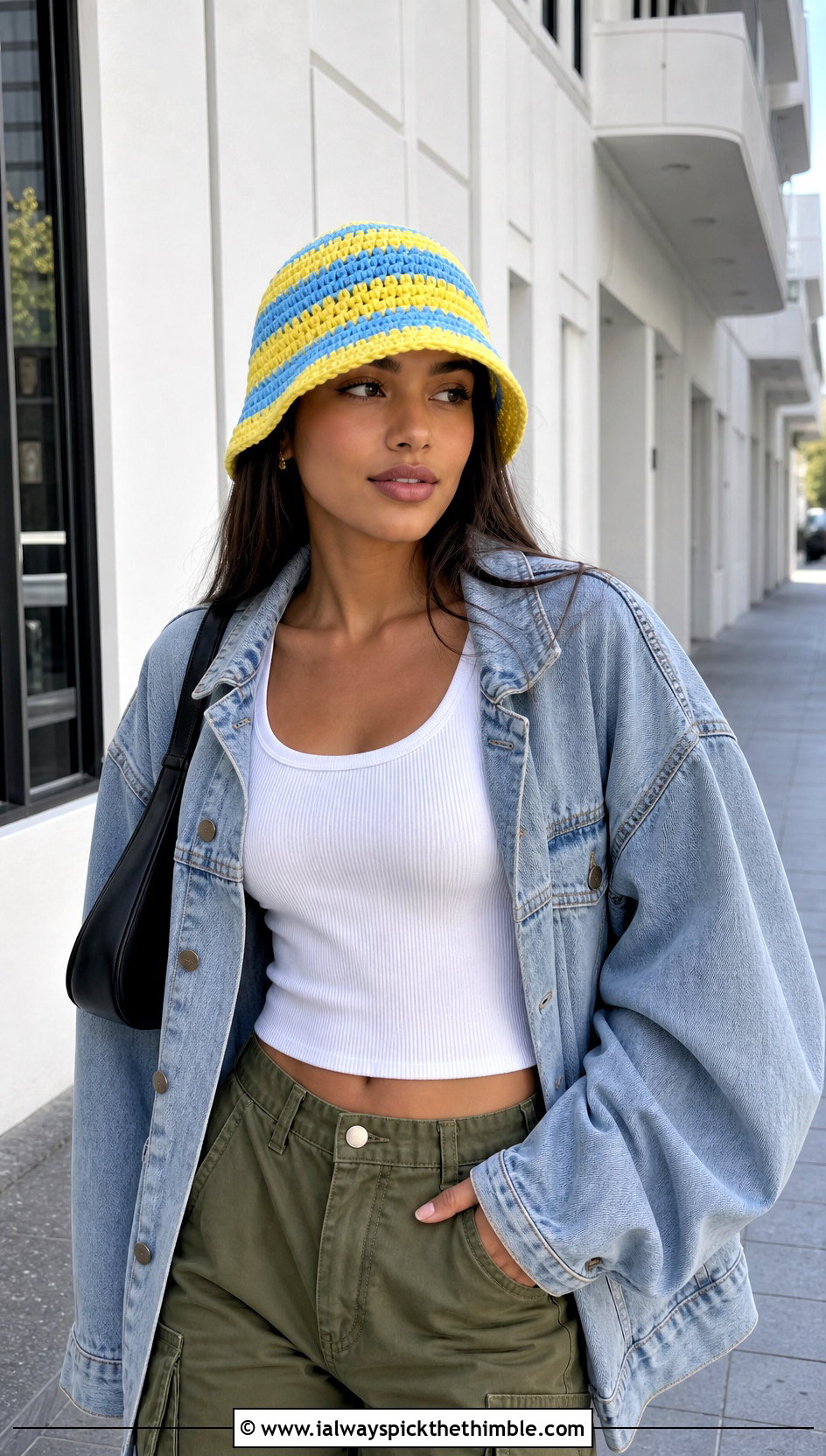 Striped Double Crochet Bucket Hat With Denim Jacket And Cargo Pants - 20 Double Crochet Bucket Hat outfit ideas
