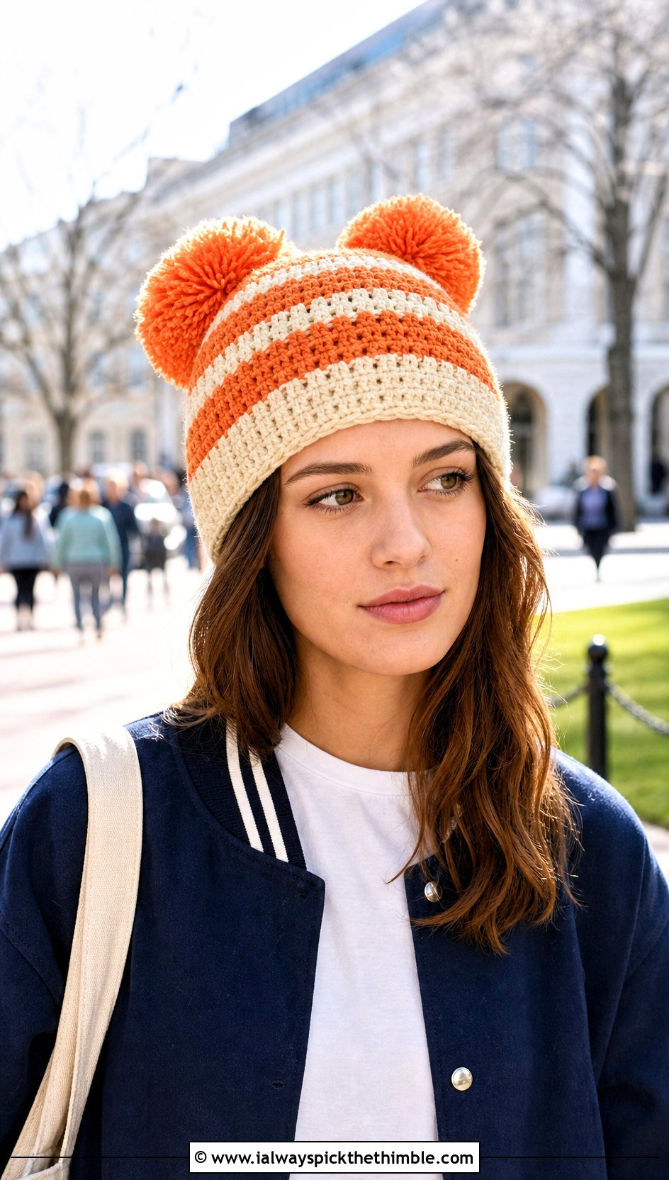 Striped Double Pompom Crochet Beanie With Varsity Jacket - 20 Double Pompom Crochet Hat outfit ideas