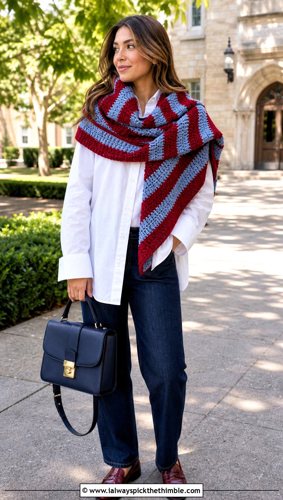 Striped Double Sleeve Scarf With White Button Down Shirt - 20 crochet double sleeve scarf outfit ideas