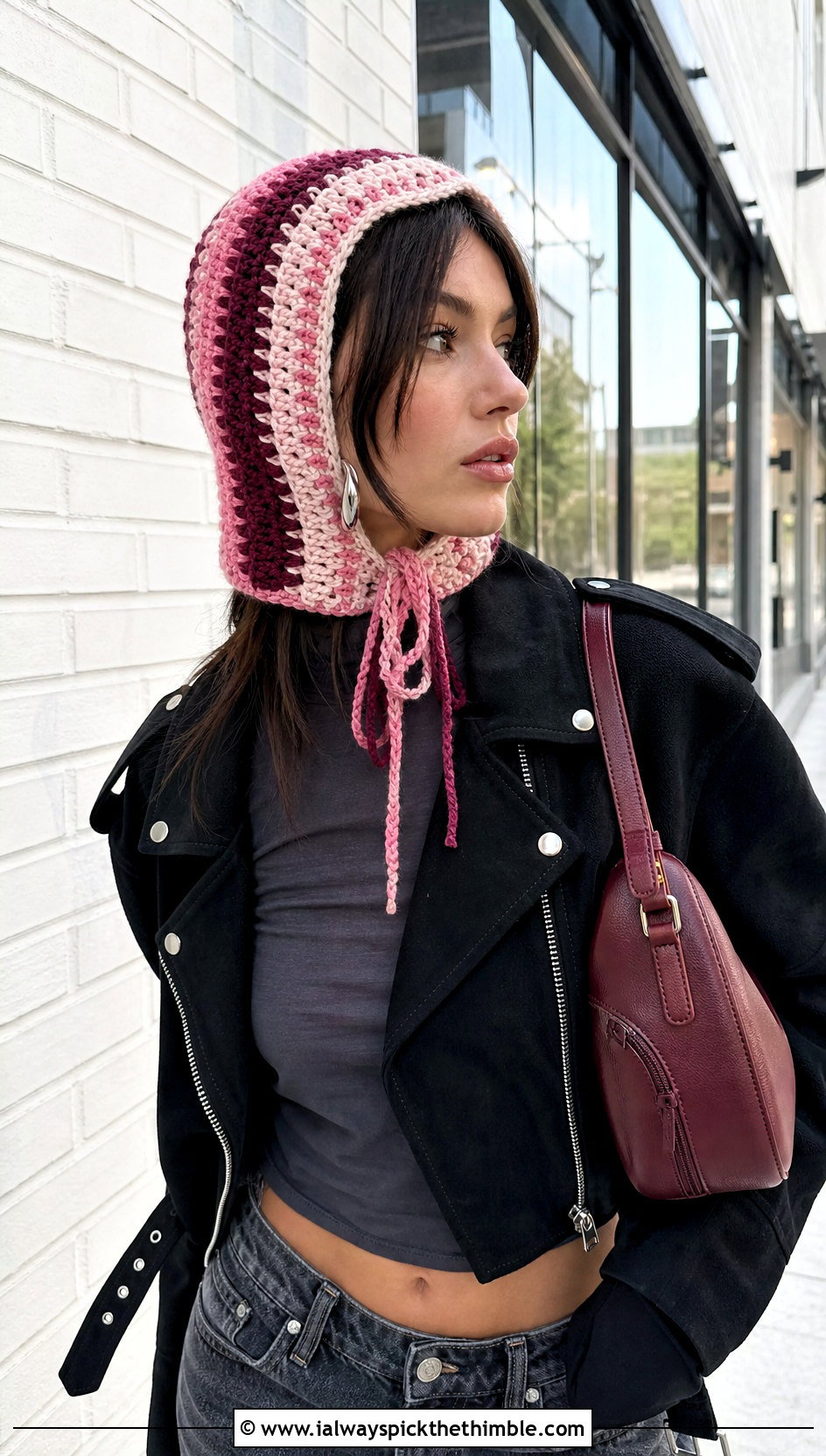 Striped Drawstring Crochet Balaclava With Moto Jacket - 15 Striped Crochet Balaclava outfit ideas