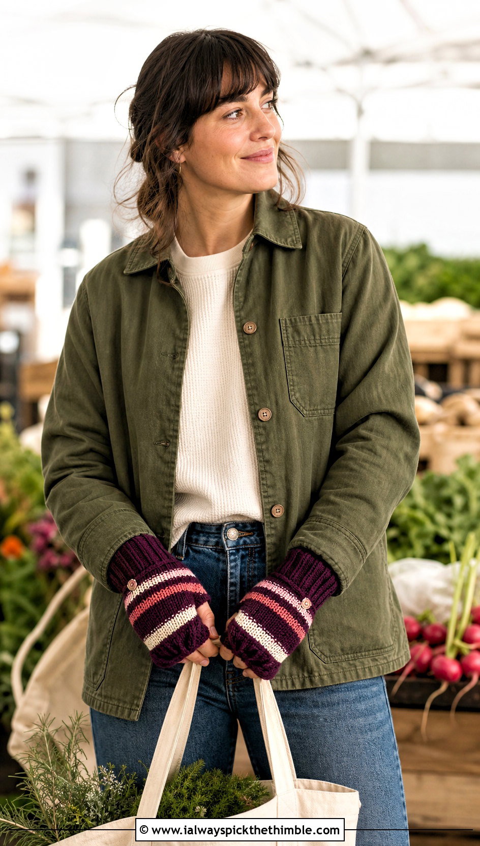 Striped Drawstring Crochet Gloves With Chore Jacket - 15 Convertible Crochet Fingerless Gloves outfit ideas