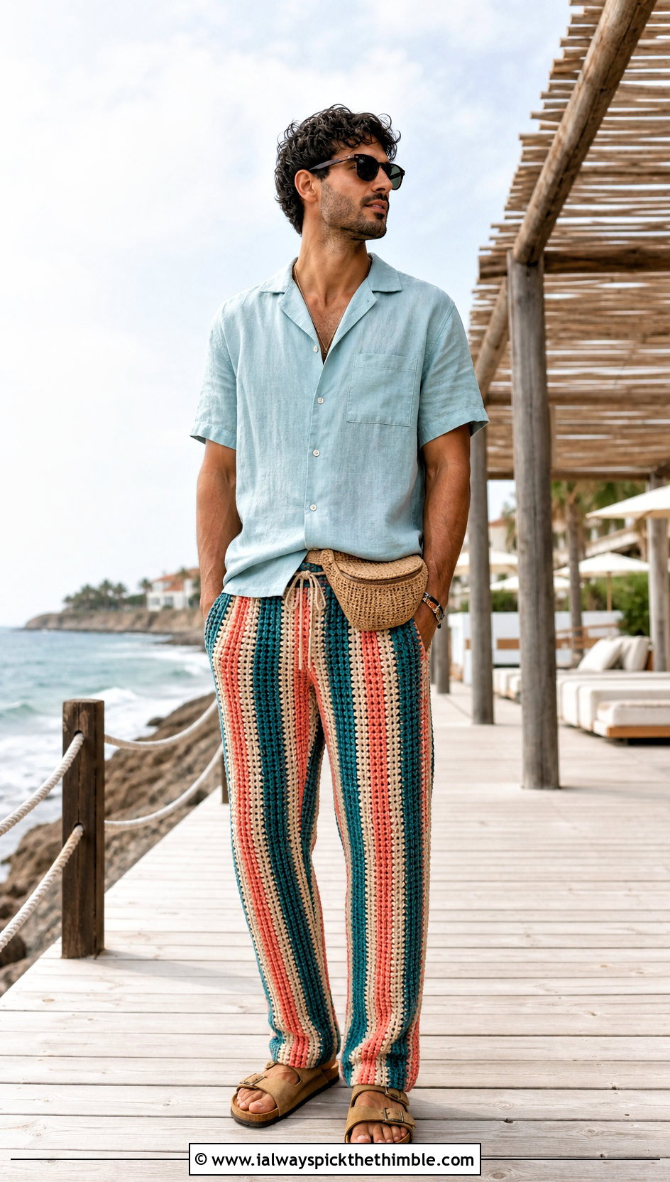 Striped Drawstring Crochet Pants With Camp Collar Shirt - 20 mens crochet pants outfit ideas
