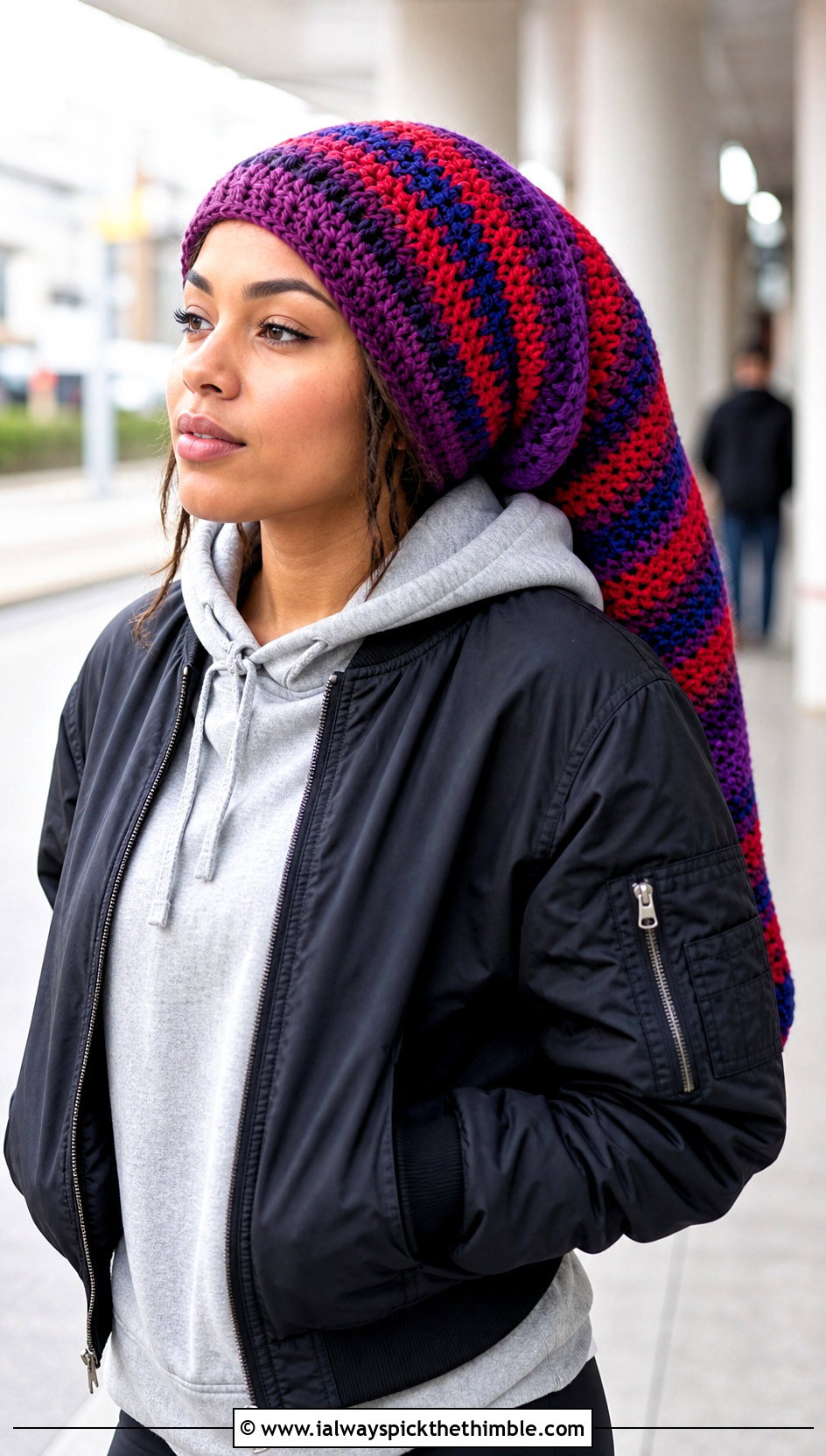 Striped Dreadlock Stocking Cap With Hoodie - 25 crochet rasta hats outfit ideas