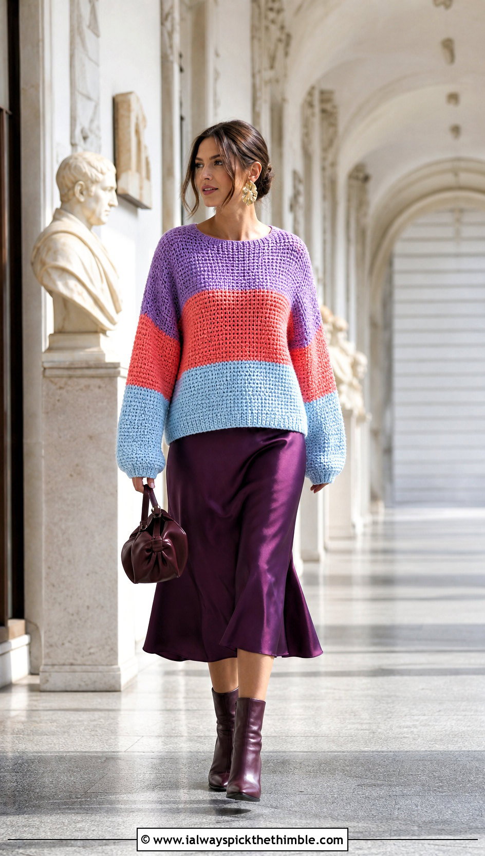 Striped Drop Shoulder Color Block Crochet Sweater With Satin Midi Skirt - 20 Color Block Crochet Sweater outfit ideas