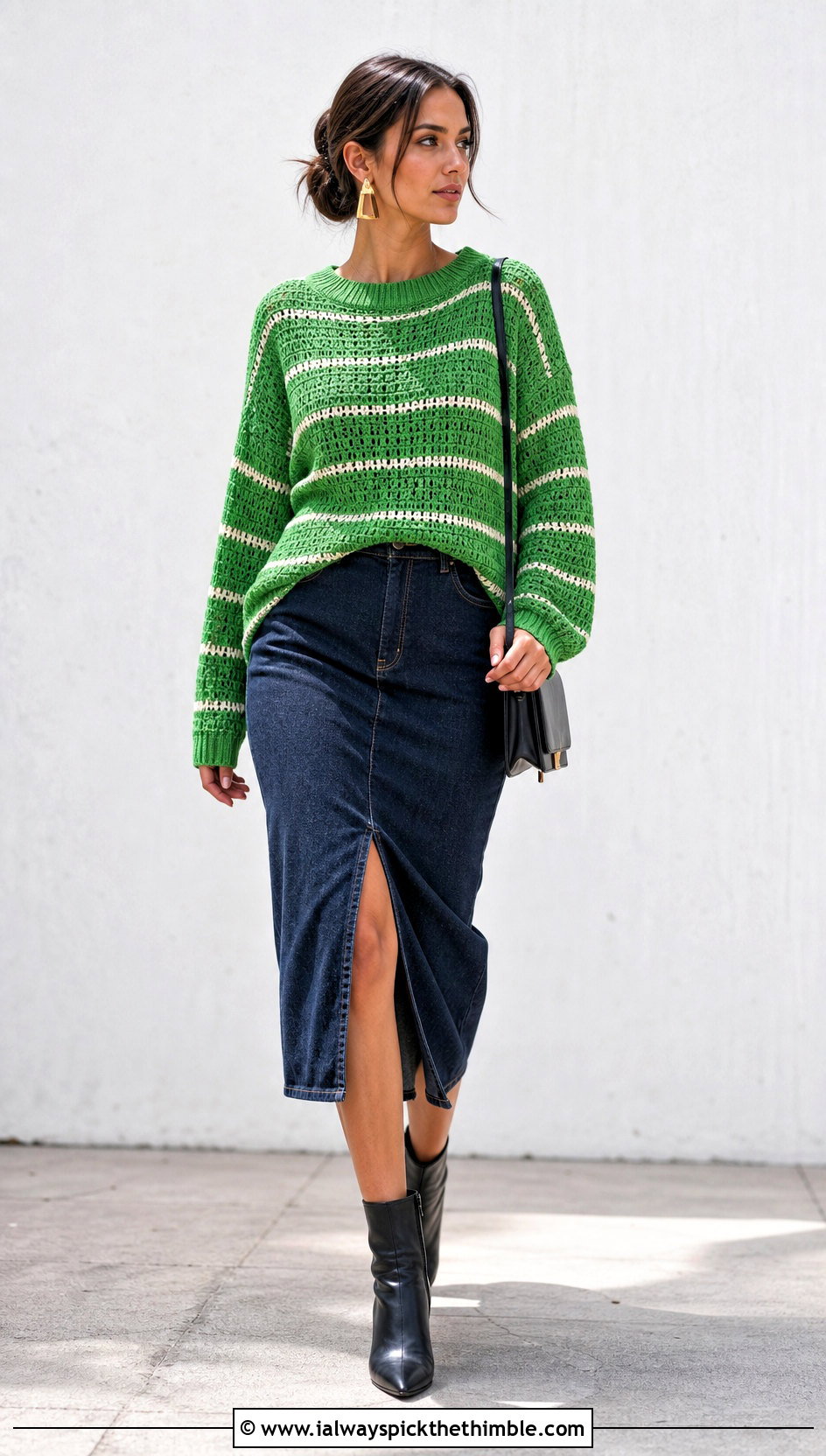 Striped Drop Shoulder Crochet Pullover With Denim Skirt - 25 crochet pullover outfit ideas