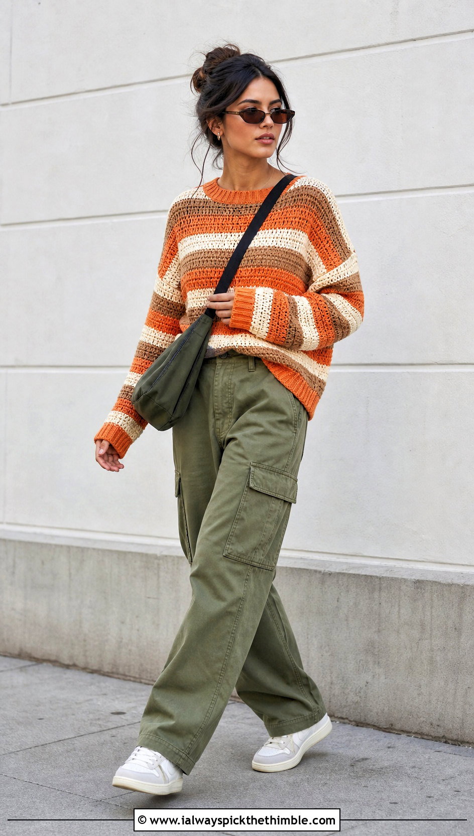 Striped Drop Shoulder Crochet Sweater With Cargo Pants - 15 Crochet Sweater Aesthetic outfit ideas