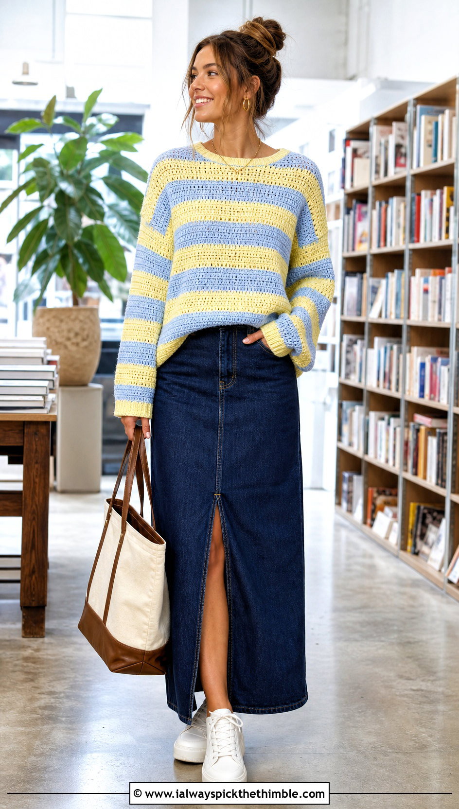 Striped Drop Shoulder Crochet Sweater With Denim Maxi Skirt - 15 Bohemian Style Crochet Sweater outfit ideas
