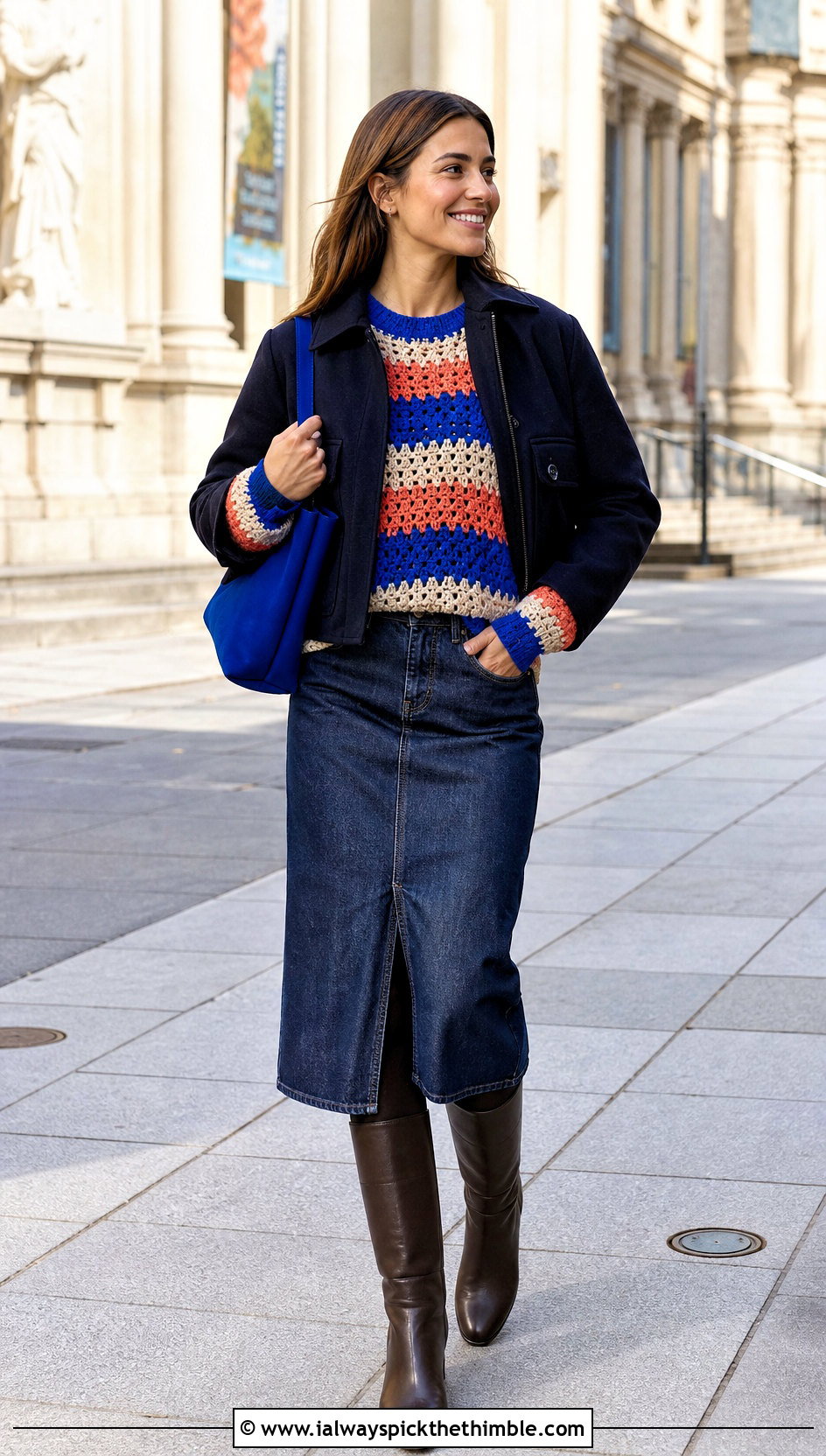 Striped Drop Shoulder Crochet Sweater With Denim Skirt - 20 crochet winter sweater outfit ideas