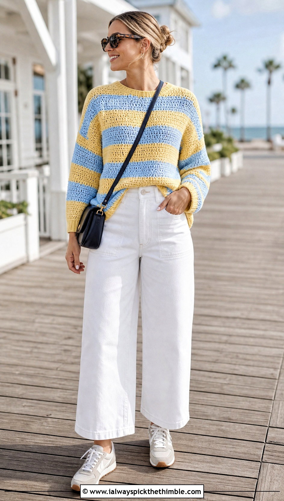 Striped Drop Shoulder Crochet Sweater With White Denim - 20 off the shoulder crochet sweater outfit ideas