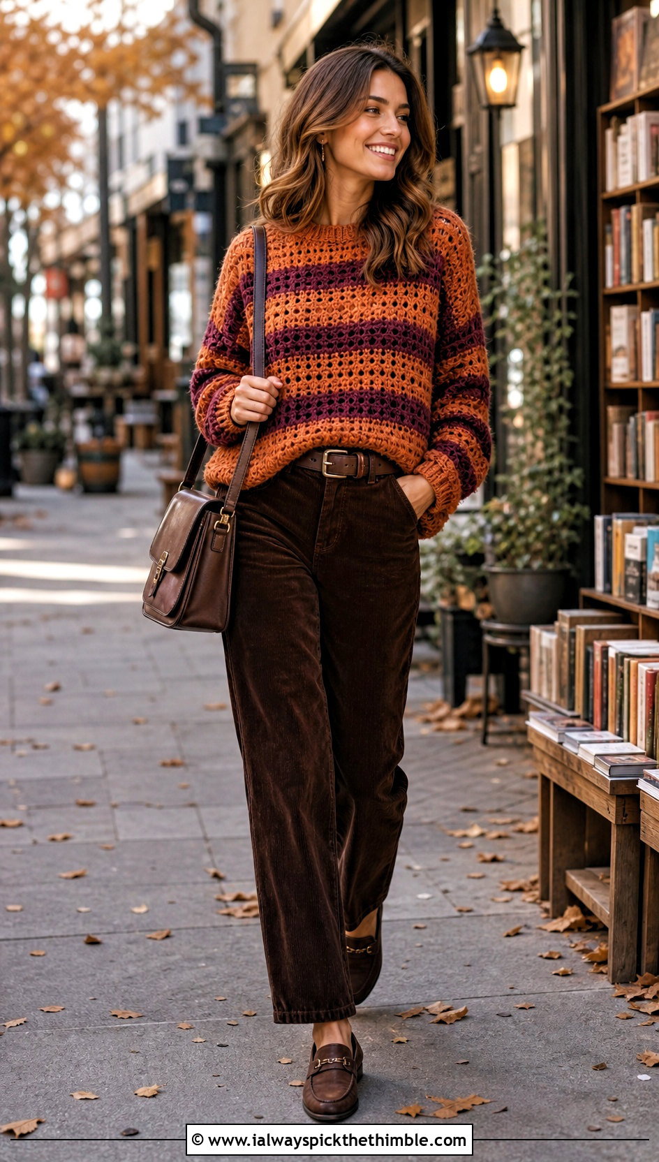 Striped Drop Shoulder Rustic Crochet Sweater With Corduroy Pants - 15 Rustic Crochet Sweater outfit ideas
