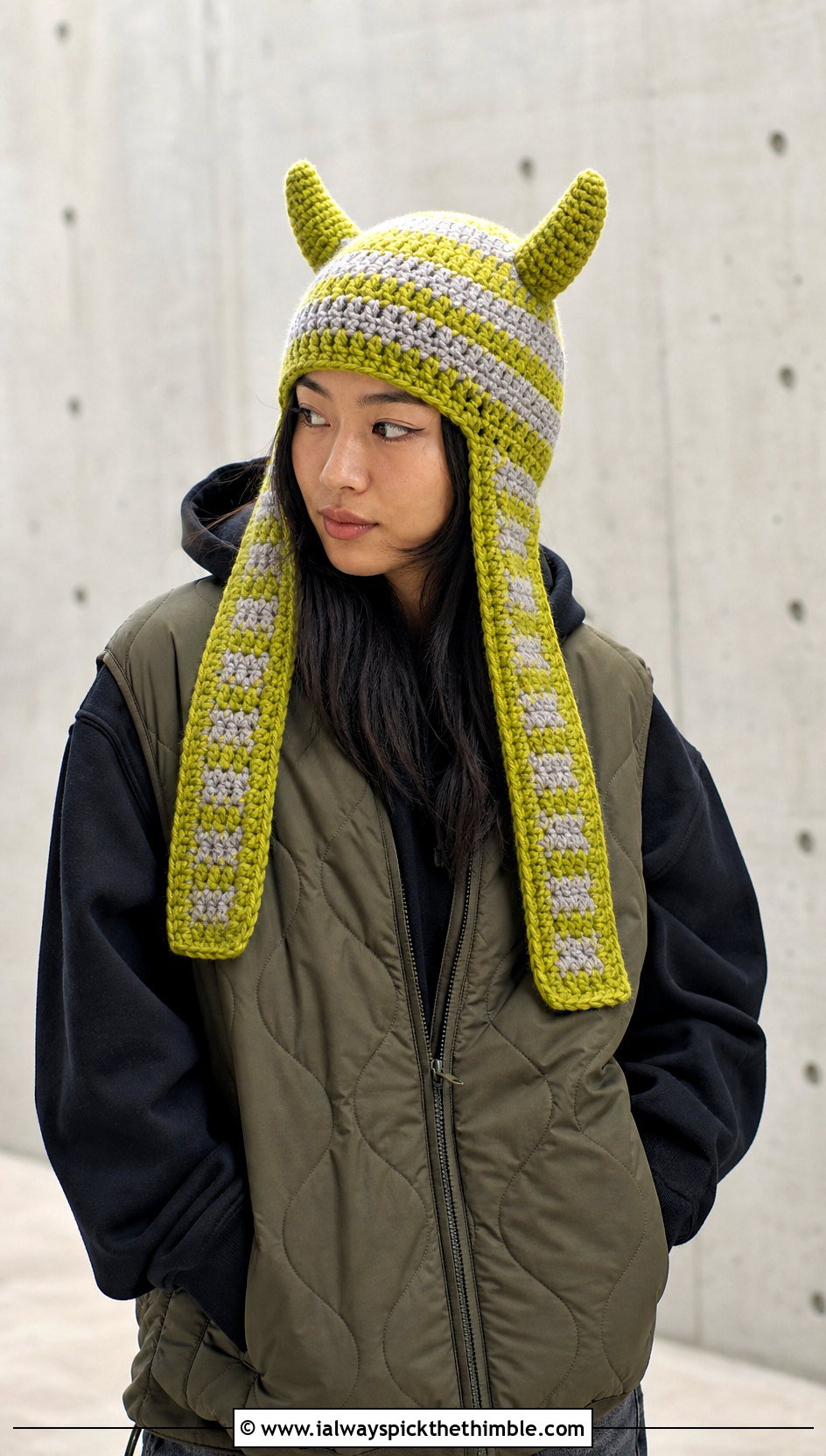 Striped Ear Flap Crochet Devil Horn Balaclava With Quilted Vest - 20 crochet devil horn balaclava outfit ideas