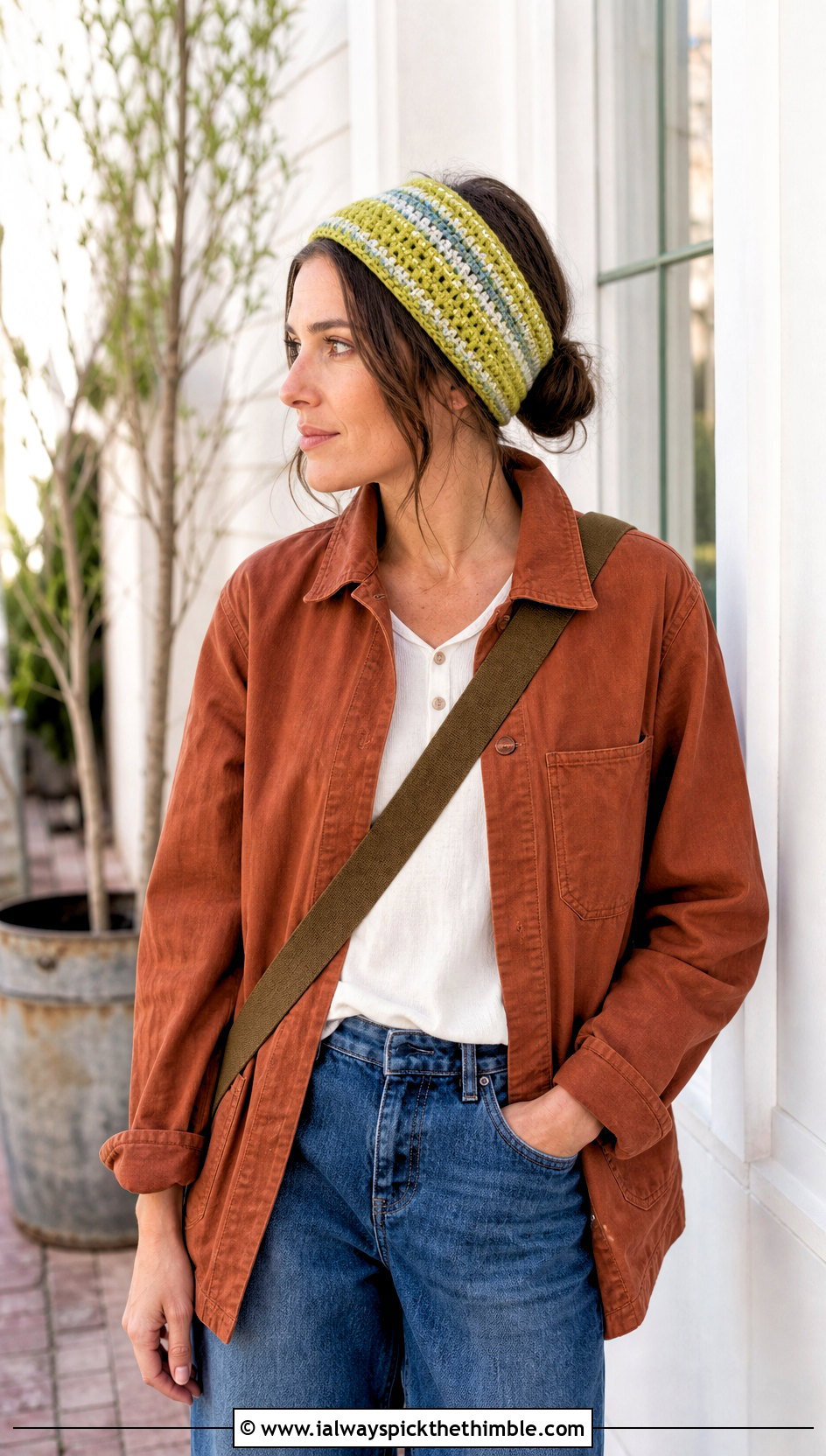 Striped Ear Warmer With Chore Coat - 20 Tunisian Crochet Ear Warmer outfit ideas