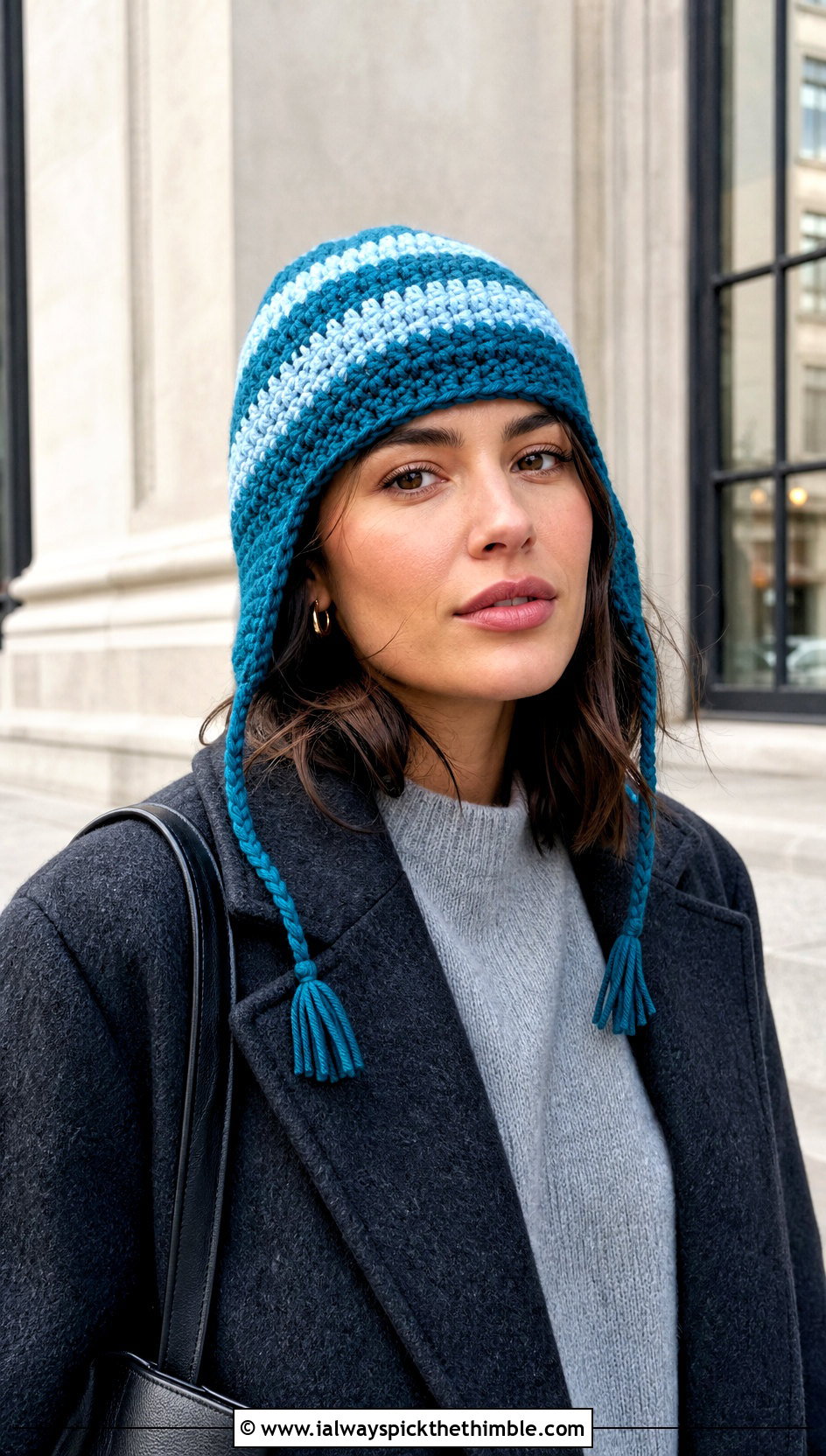 Striped Earflap Crochet Beanie With Wool Coat - 20 Earflap Crochet Beanie outfit ideas